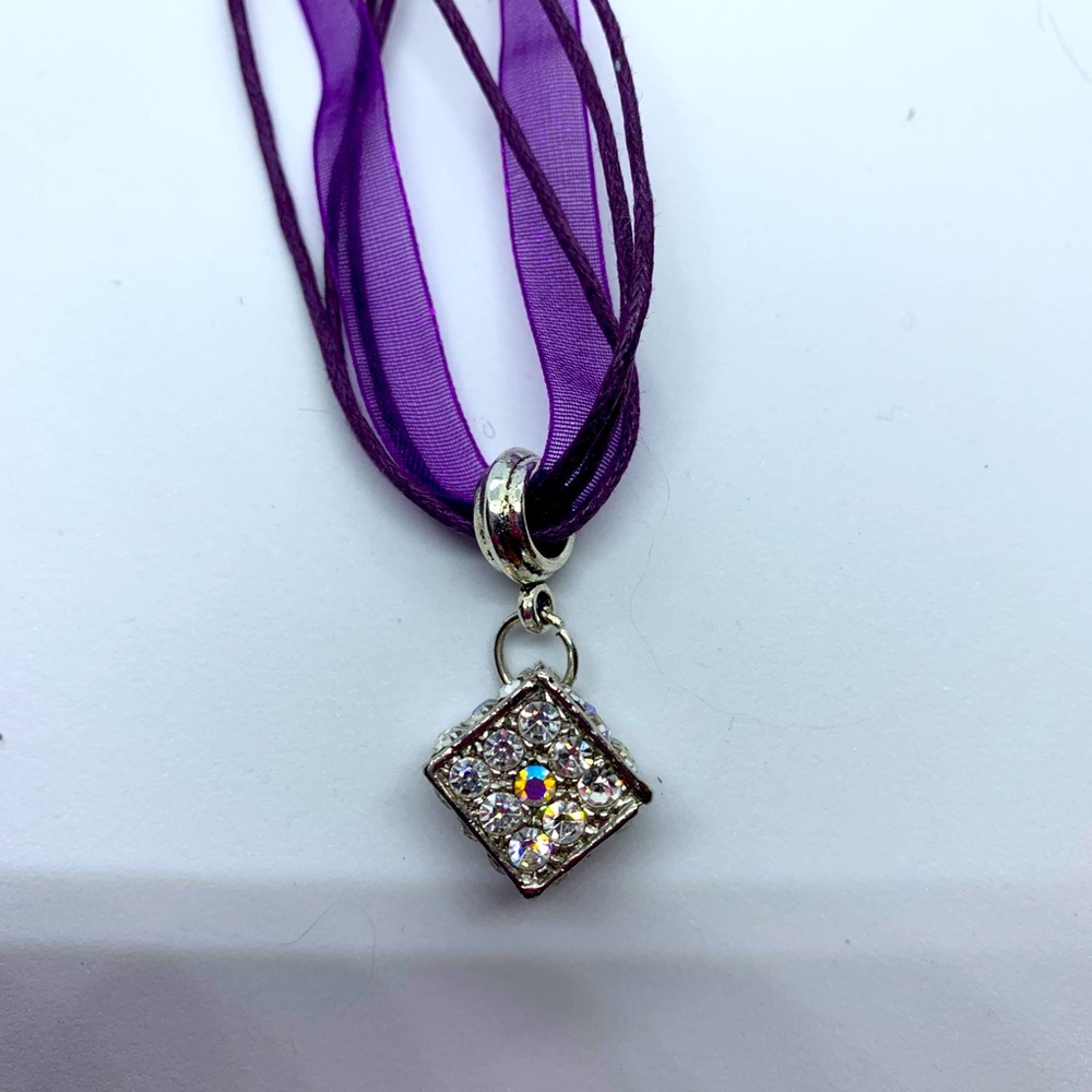AB Rhinestones Silver Cube Charm Necklace
